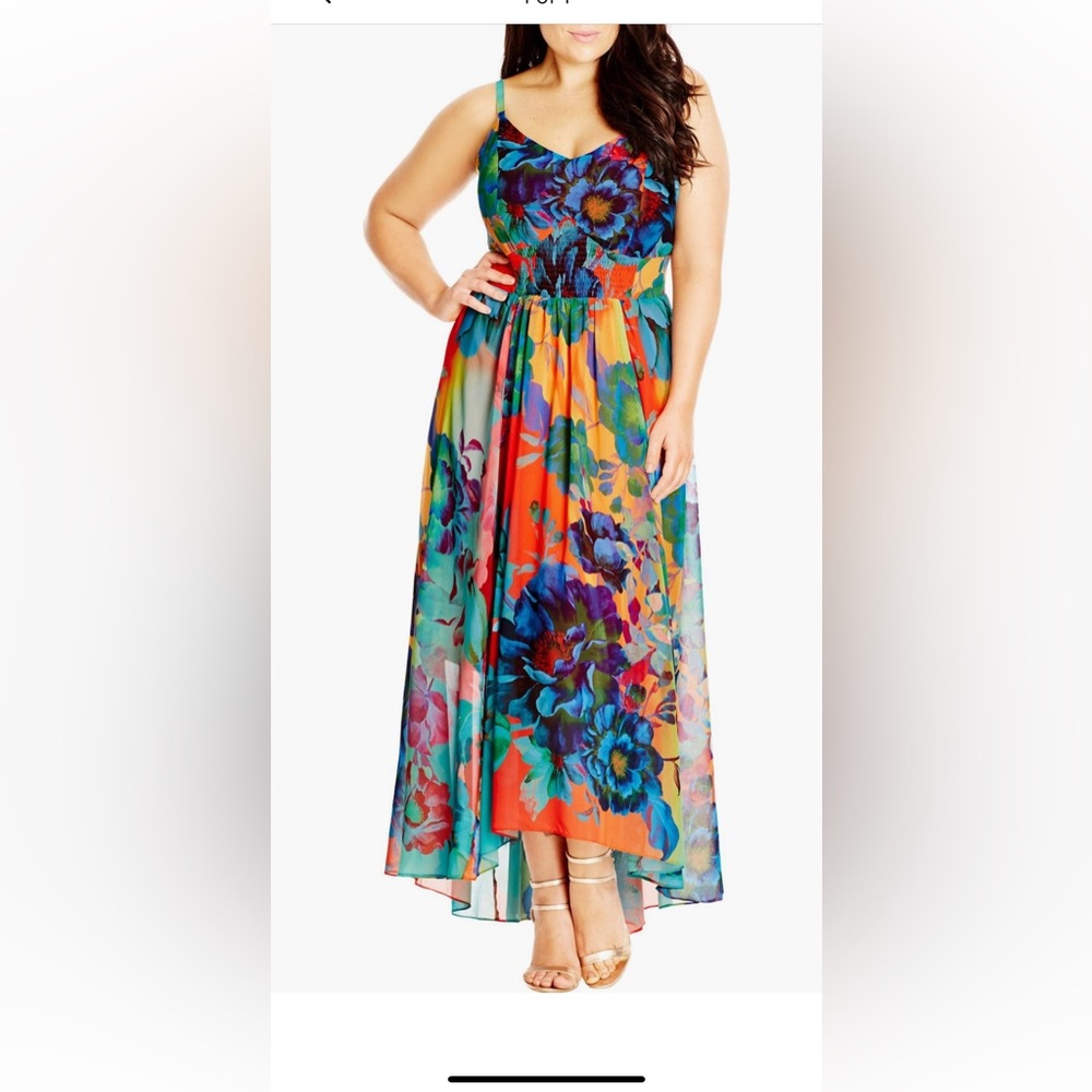 City Chic Maxi Hot Summer Days Floral Print Coral Sleeveless High-low Hemline
